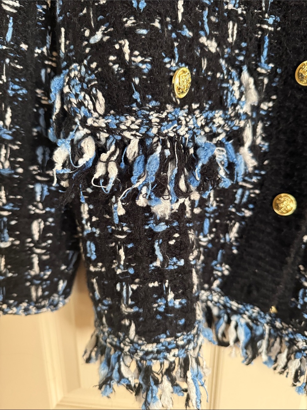 Anthropologie Black Tweed Cardigan with Blue and White Accents - Picture 3 of 9